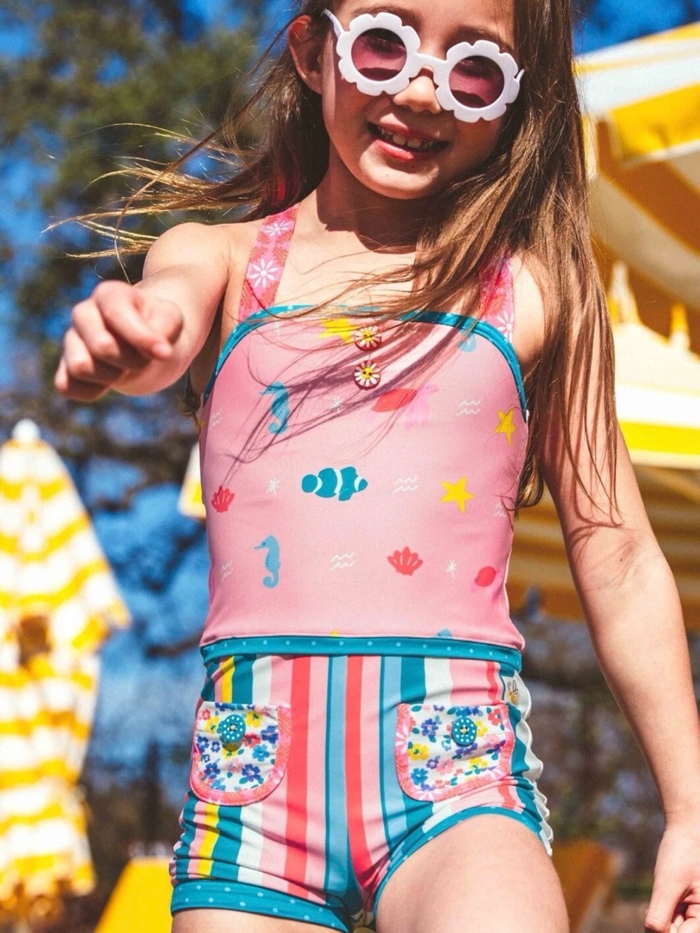 Wildflowers Under the Sea Girls Pink Stripe One-Piece Swimsuit Bathing Suit Sz 2